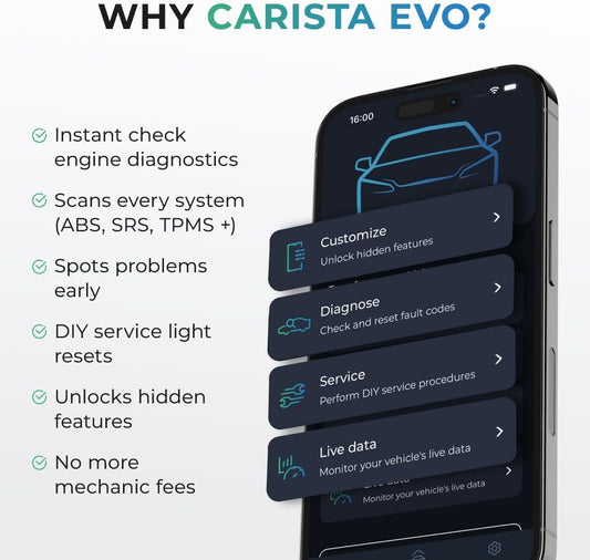 Carista EVO - Bluetooth OBD2 Scanner - Car Diagnostic Tool & Code Reader with Access to Diagnostics, Customizations, Service Tools & Live Data (Subscription Required)