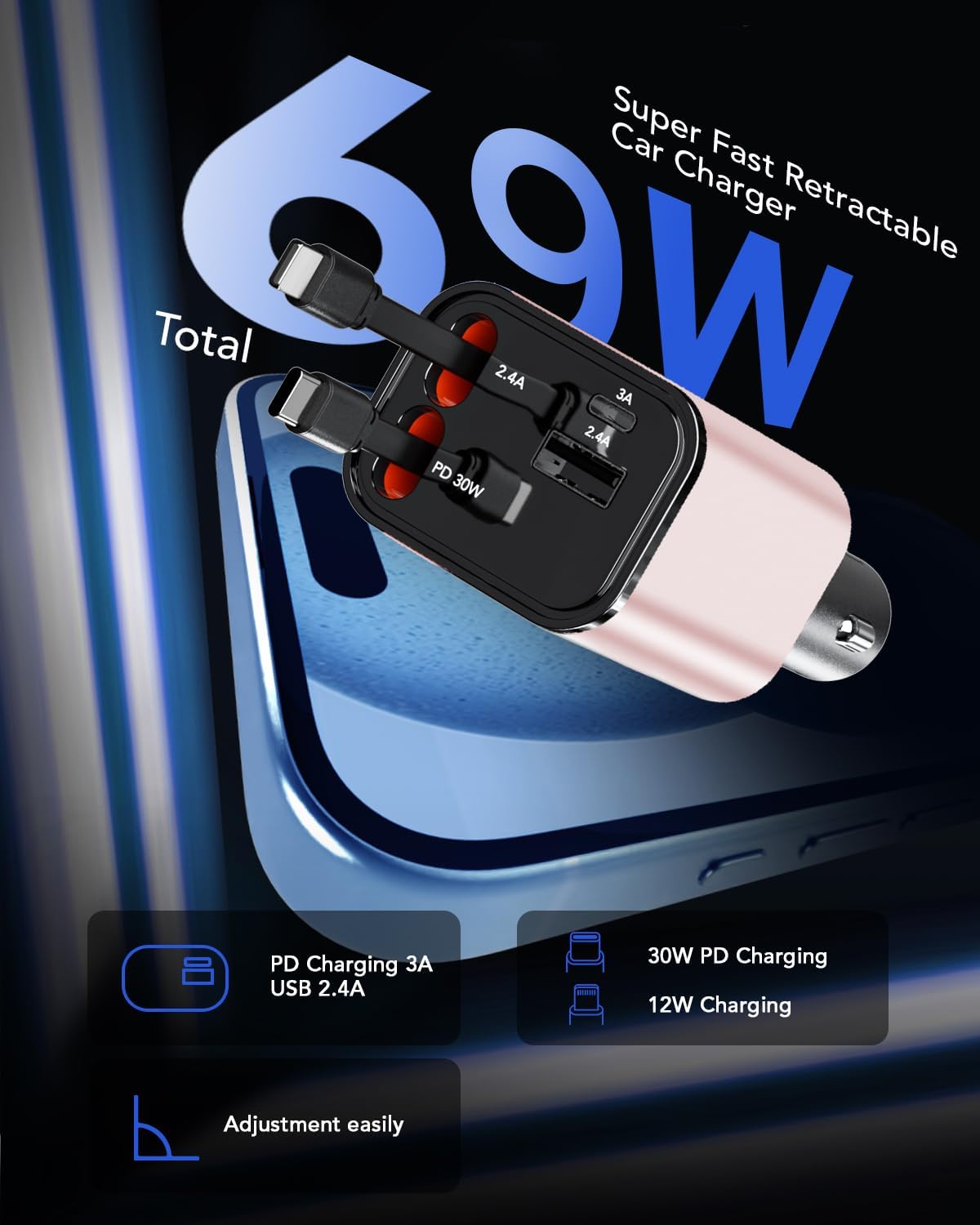 Retractable Car Charger,Car Phone Charger USB C Fast Charge,Cigarette Lighter USB Charger Car Accessories for Women,Road Trip Essentials Gift for Men,Car Charger for iPhone 17/16/15,Galaxy S26,Pixel