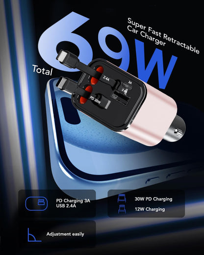 Retractable Car Charger,Car Phone Charger USB C Fast Charge,Cigarette Lighter USB Charger Car Accessories for Women,Road Trip Essentials Gift for Men,Car Charger for iPhone 17/16/15,Galaxy S26,Pixel