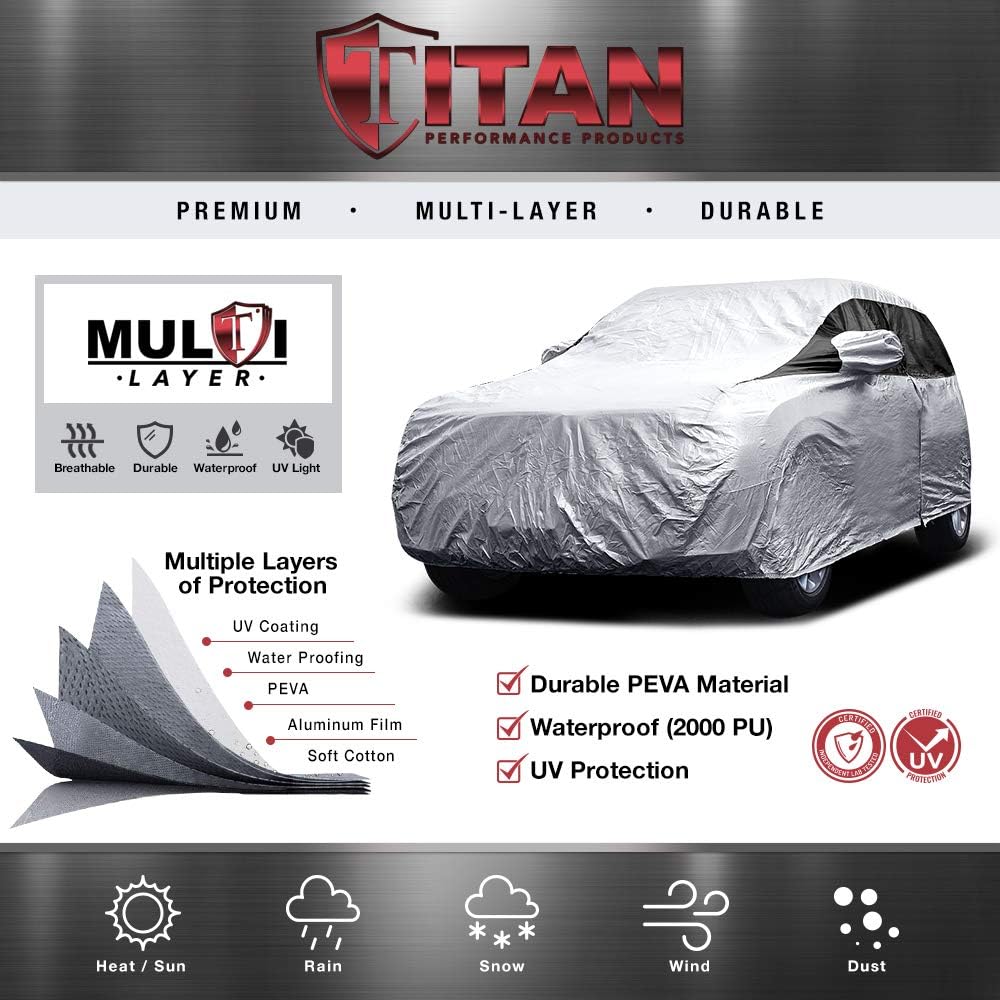 Titan Premium Multi-Layer PEVA Car Cover for Compact SUV 170-187". Waterproof, UV Protection, Anti-Scratch Protective Lining, Driver-Side Zippered Opening. Fits Rav4, Rogue, CR-V and More.