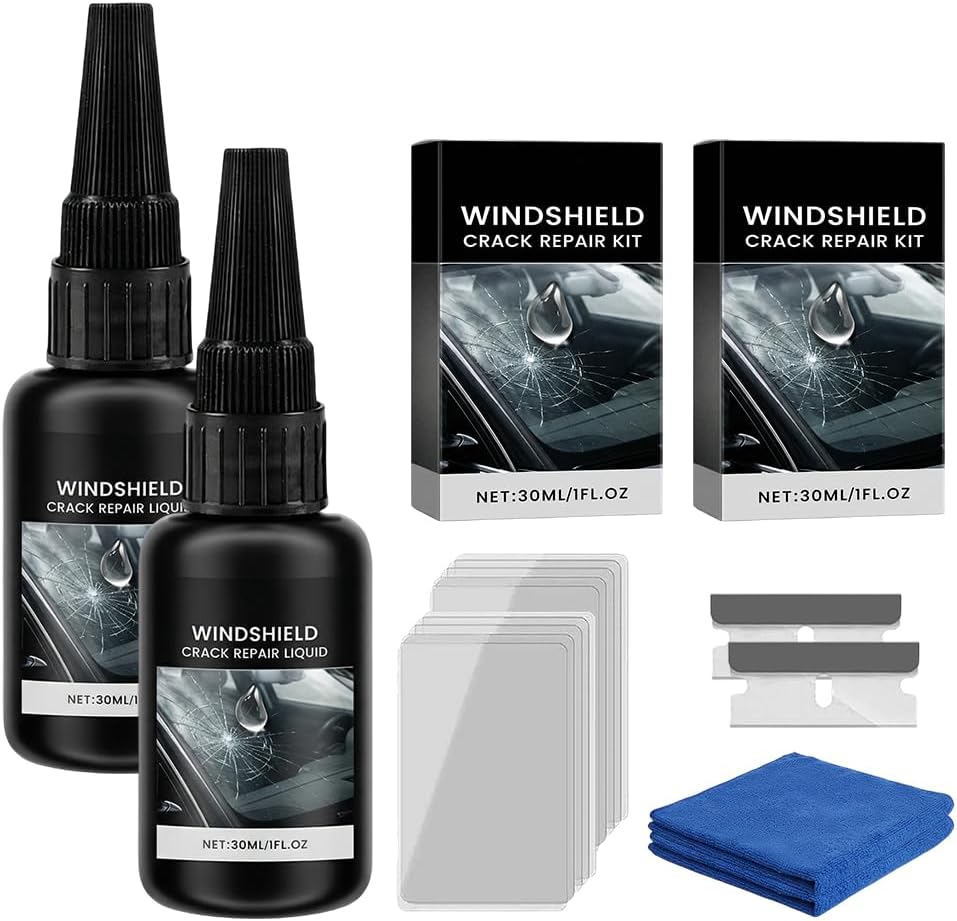 Windshield Crack Repair Kit, 2026 New Advanced Formula Quick Fix with 30ml Glass Repair Liquid 1 Towel 1 Blade 5 Curing Films, Universal Cracks Gone Glass Repair Kit (1 * Black)