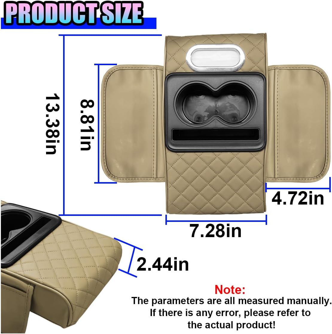 Leather Car Center Console Cover, Universal Automotive Armrest Booster Cushion, Vehicle Middle Console Organizer with 2 Cup Holders, Side Storage Bag, Tissue Box & Phone Slot(Black)