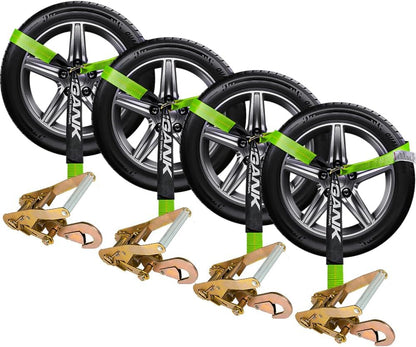 Car Tie Down Straps for Trailers- 4 Pack 2"x96" with Tire Strap 3,300lb Safe Working Load - Adjustable Straps with Snap Hooks (Green)