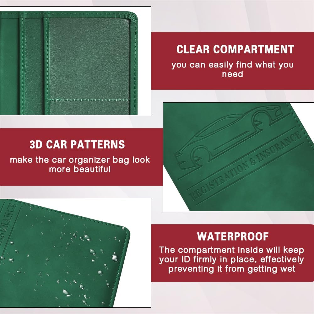 Car Registration and Insurance Holder, Registration and Insurance Card Holder, Auto Glove Box Organizer with Magnetic Shut, PU Leather Automobile Documents Wallet for Cards (Dark Green)