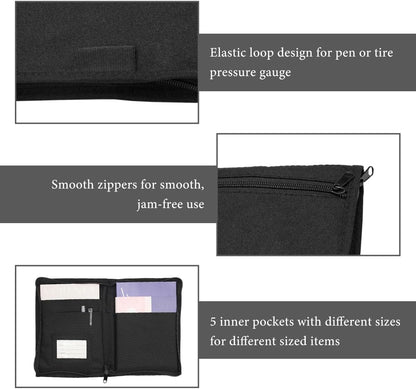 Car Registration and Insurance Holder, Glove Box Compartment Document Holder Owner Manual Case, Soft Zippered Pouch Multi-Pocket Glove Bag for Auto Insurance License Cards