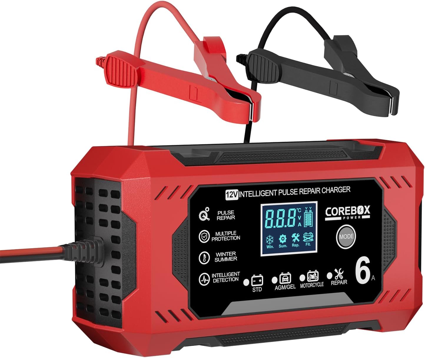 Corebox Battery Charger 6-Amp 12V Automatic Smart Battery Trickle Charger, Battery Maintainer Desulfator with Temperature Compensation for Car Truck Motorcycle Lawn Mower Marine