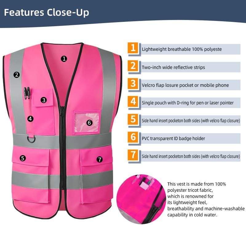Reflective Safety Vest for Women Men High Visibility Security With Pocket Zipper Front Meet ANSI/ISEA Standard