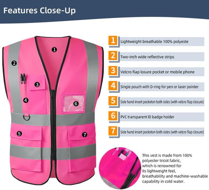 Reflective Safety Vest for Women Men High Visibility Security With Pocket Zipper Front Meet ANSI/ISEA Standard