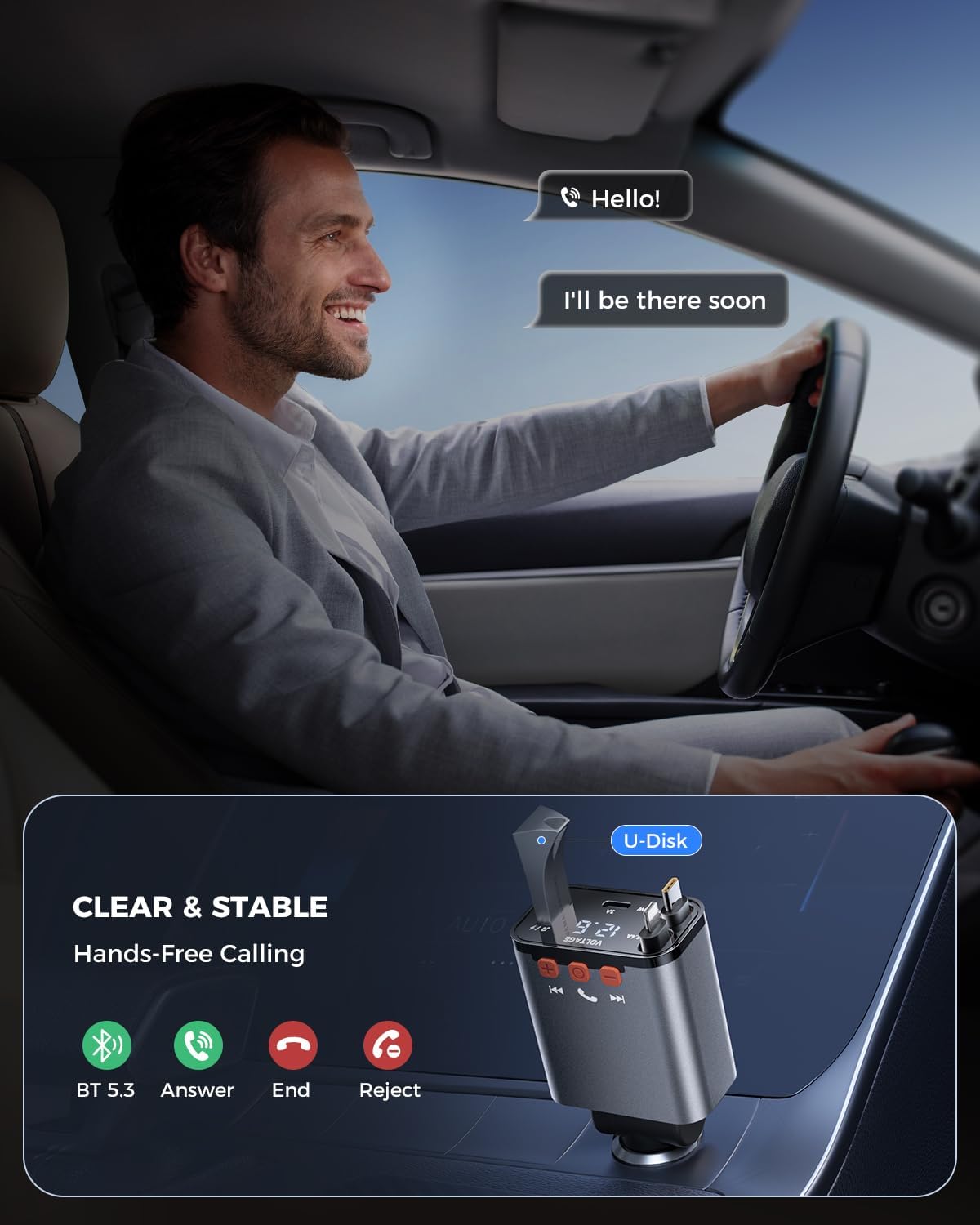 SUPERONE 69W Retractable Car Charger with Dual Cables, Compact Bluetooth 5.3 Car Adapter, FM Transmitter Radio Receiver for Hands-Free Calls & MP3 Music, USB C Fast Charging for iPhone Android