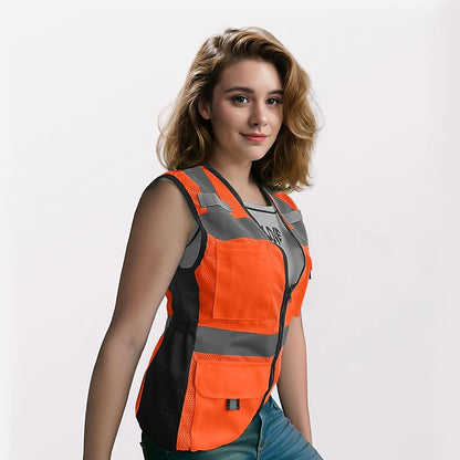 Reflective Vest for Women, Mesh Womens Safety Vest with 11 Pockets and Zipper, Hi Vis Neon Construction Work Vest for Lady Surveyors/Workers, Snugly-Fitted, ANSI Compliant (U-Yellow, S)