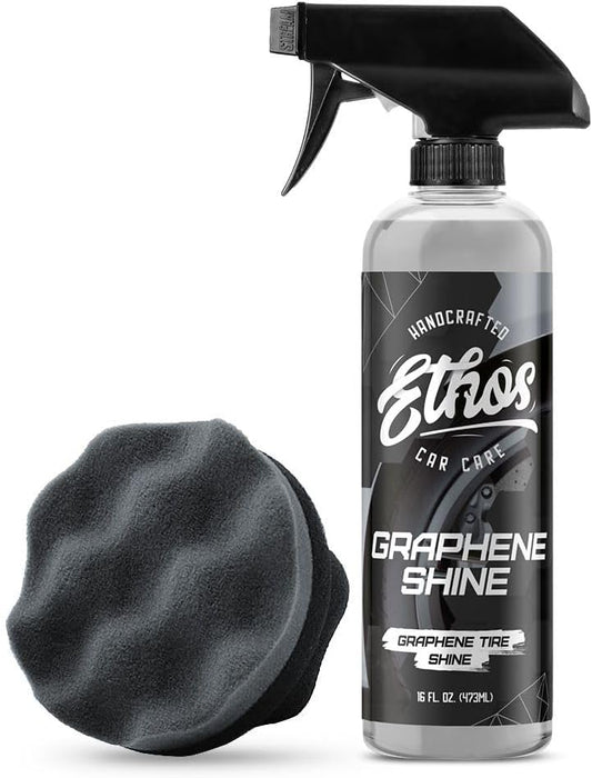 Ethos Graphene Shine - Trim & Tire Shine Spray, High Sheen, Non Greasy, Sling Free Finish! Conditions and Protects Rubber with UV Protection (16 Oz)