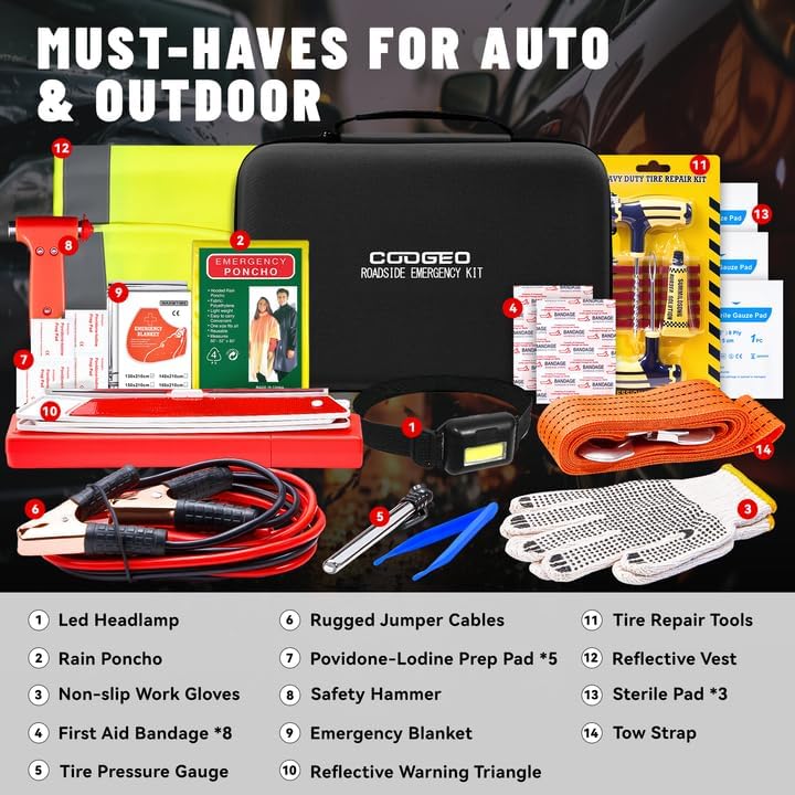 Car Roadside Emergency Kit with Battery Jumper Cables,Car Accessories for Men or Women,Automotive Safety Kit for Car,Vehicle, Truck or SUV,Gifts for Men or Him,Green