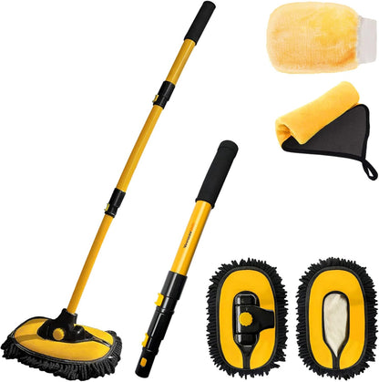 YeewayVeh Car Wash Brush with Long Handle, Microfiber Car Wash Mop with Replaceable Chenille Brush Head, Soft Cleaning Brush with 15° Curved Extension Pole Car Wash Kit for RV Truck Camper, Yellow