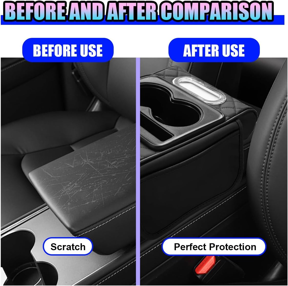 Leather Car Center Console Cover, Universal Automotive Armrest Booster Cushion, Vehicle Middle Console Organizer with 2 Cup Holders, Side Storage Bag, Tissue Box & Phone Slot(Black)