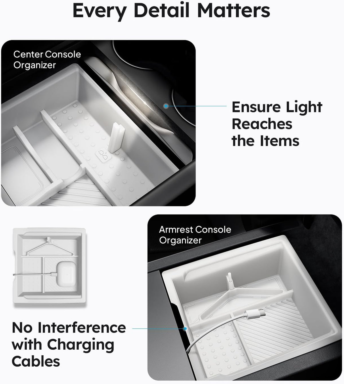 Wigoo Center Console Organizer for Tesla Model Y Juniper (Only Premium & Performance 2025 2026) and All Model 3 Highland Accessories [Double-Layer Storage, Smooth Sliding] 4PCS Black
