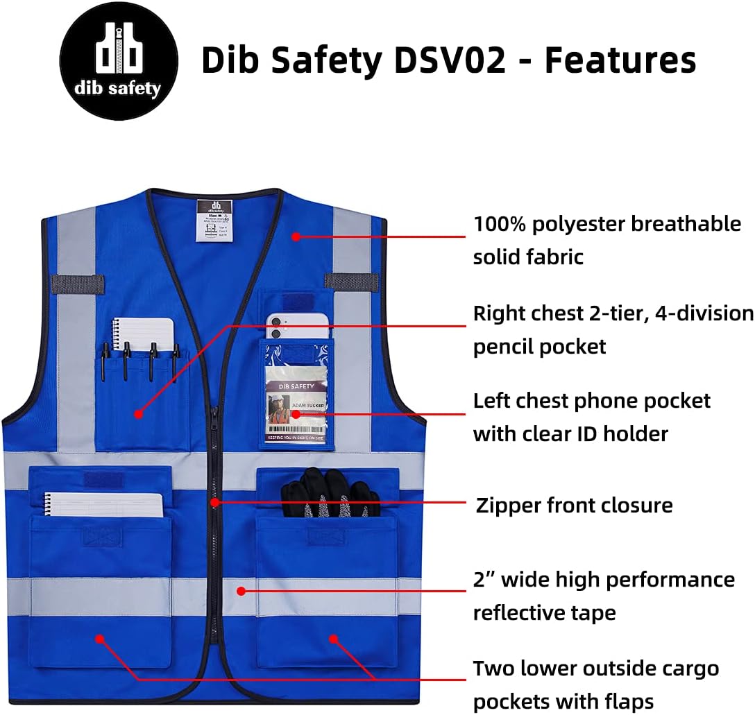 Dib Safety Reflective Safety Vest for Men Women, High Visibility Vest with Pockets and Zipper, ANSI Class 2