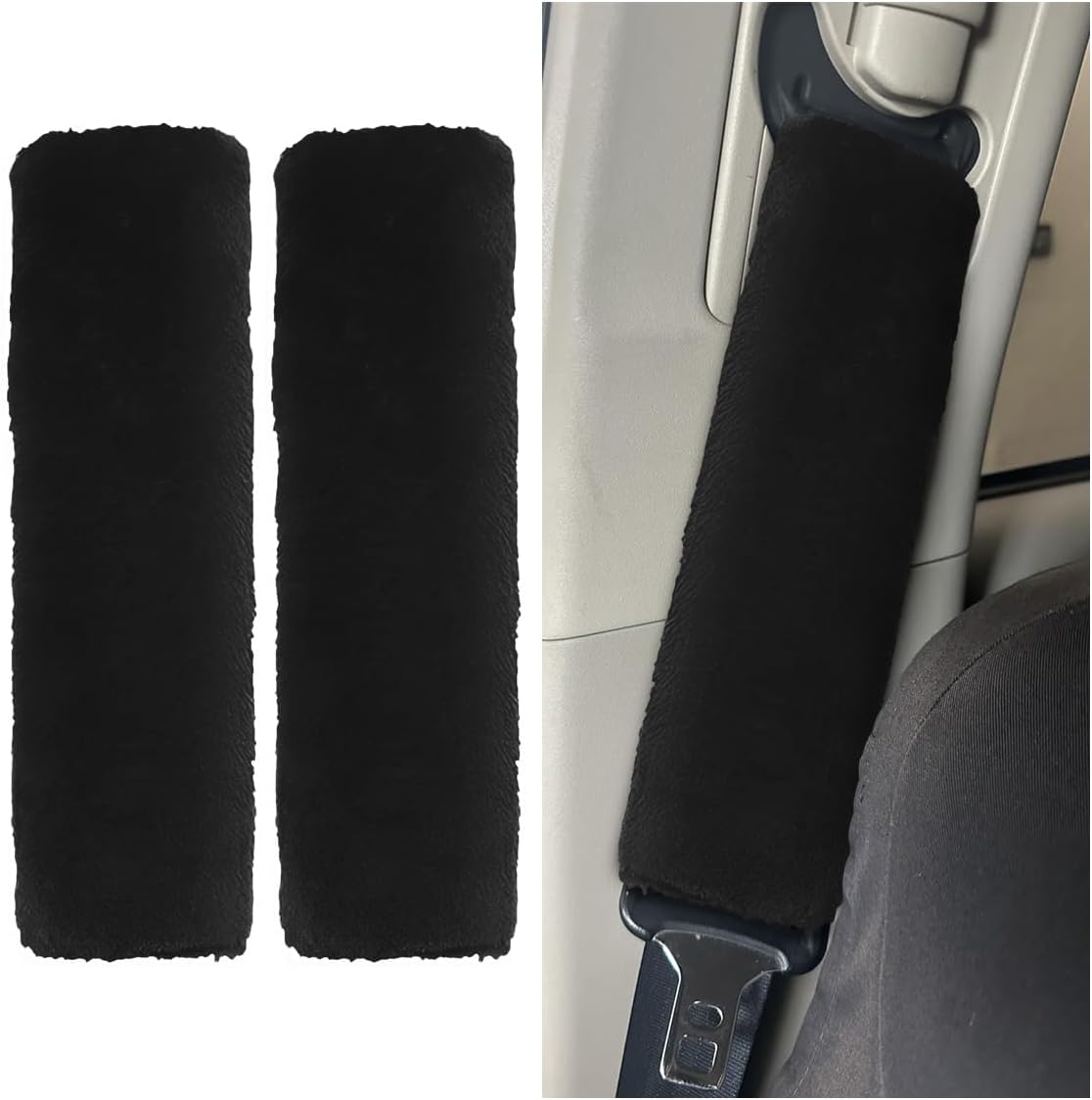 2PCS Car Seat Belt Cover Pads - Soft Faux Sheepskin Seat Belt Shoulder Strap Cover Harness Pad for Comfortable Driving - Universal Fluffy Car Seatbelt Cushion Protect Shoulder&Neck (Black)