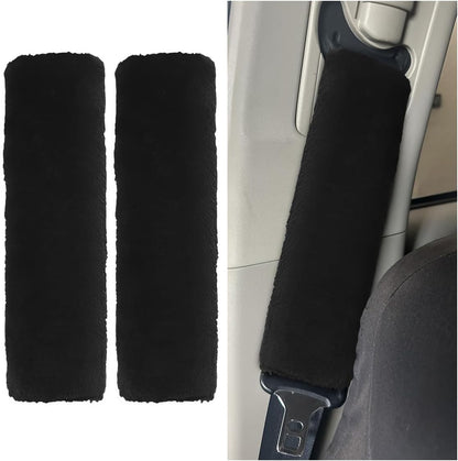 2PCS Car Seat Belt Cover Pads - Soft Faux Sheepskin Seat Belt Shoulder Strap Cover Harness Pad for Comfortable Driving - Universal Fluffy Car Seatbelt Cushion Protect Shoulder&Neck (Black)