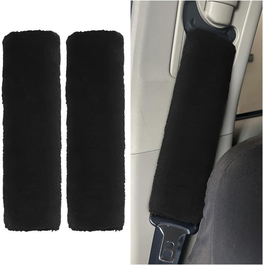 2PCS Car Seat Belt Cover Pads - Soft Faux Sheepskin Seat Belt Shoulder Strap Cover Harness Pad for Comfortable Driving - Universal Fluffy Car Seatbelt Cushion Protect Shoulder&Neck (Black)