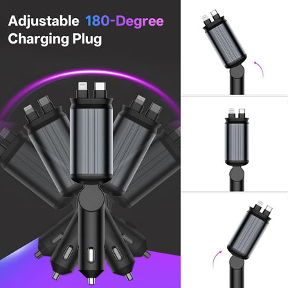 BERTHALESS Retractable Car Charger, 4 in 1 Fast Charging Car Charger with USB-C & USB-A, Compatible with iPhone 17/16/15/14/13/12/11,Galaxy,Pixel,Car Accessories Gifts for Fathers Day,Husband,Men,Dad