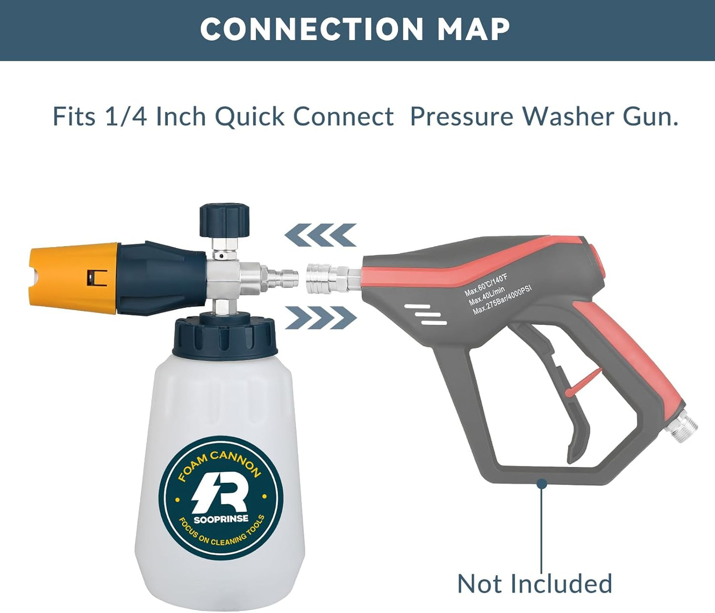 Sooprinse Short Pressure Washer Gun With Foam Cannon, High Pressure Snow Foam Lance, 1/4 Inch Quick Connector, Power Washer Blaster, Car Wash Mitt, 3000 PSI, 1 Liter