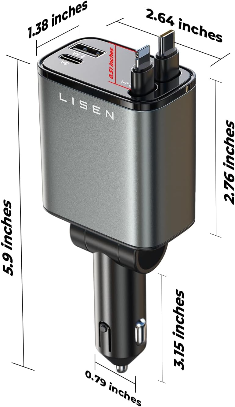 LISEN Retractable Car Charger, 84W Car Charger USB C Fast Charger, Cigarette Lighter USB Charger Adapter, Car Accessories Birthday Gifts for Men Women Dad Mom Husband, for iPhone 17 16 15 14 13 12 11