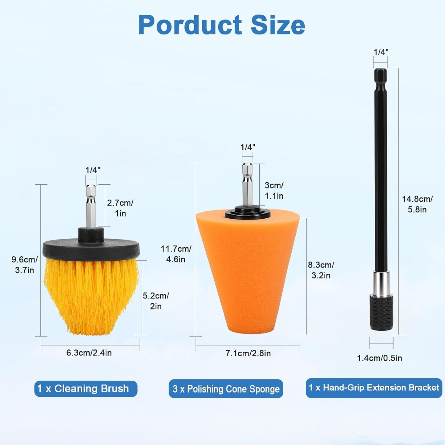 Linkstyle 5PCS Drill Polishing Ball Set, Car Wheel Polisher Sponge Pad Kit with Long Extension Pole & Cleaning Brush, Buffing Ball for 1/4" Hex Drill, Car Rim and Metal Surface Polishing Tool