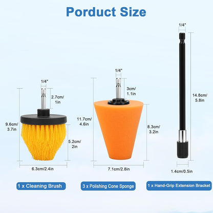 Linkstyle 5PCS Drill Polishing Ball Set, Car Wheel Polisher Sponge Pad Kit with Long Extension Pole & Cleaning Brush, Buffing Ball for 1/4" Hex Drill, Car Rim and Metal Surface Polishing Tool