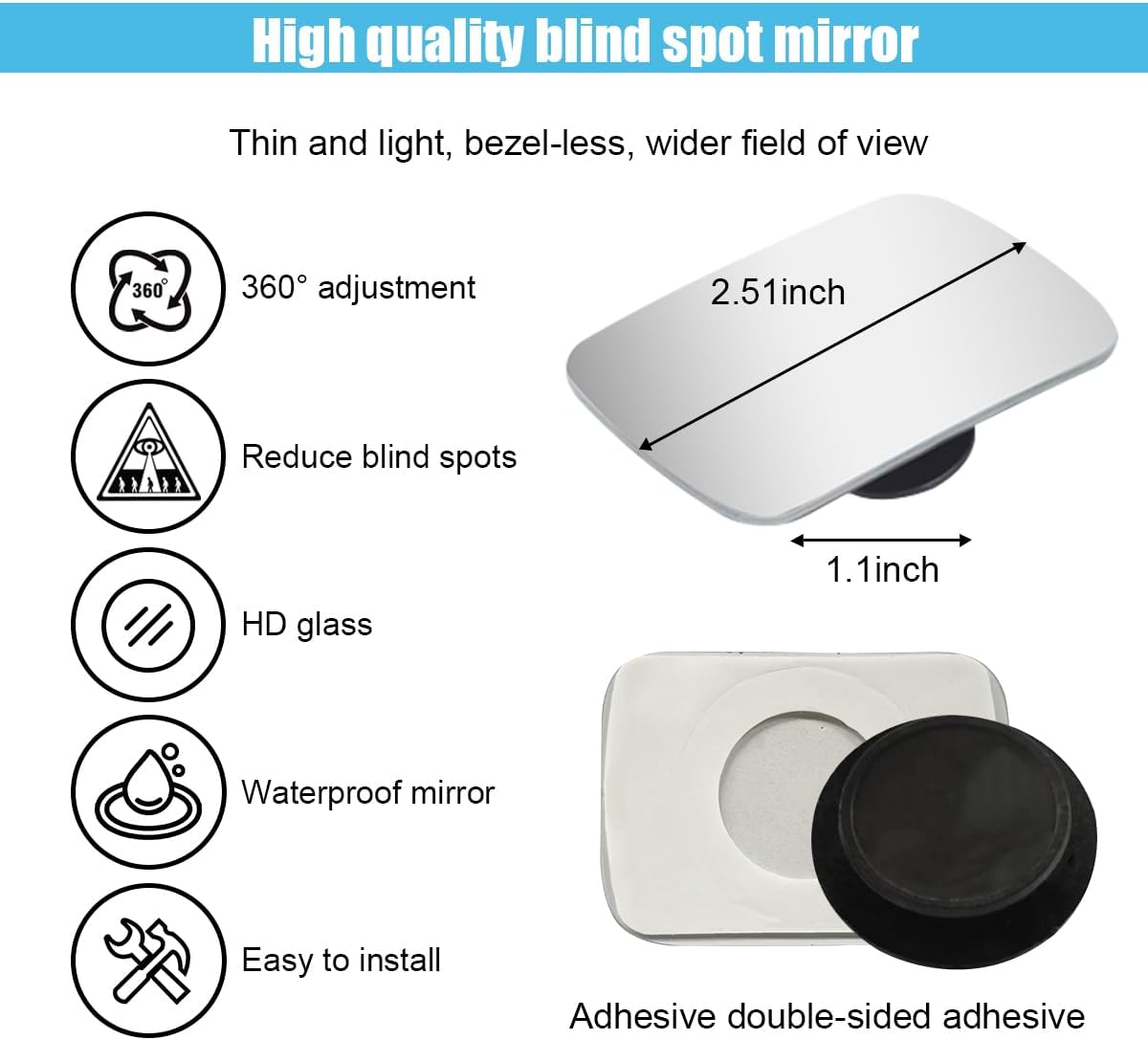 GLSOWEE Car Blind Spot Mirror, 2"" Round Convex Mirror, Frameless HD Glass Rear View Mirror with Wide Angle Adjustable Stick, Universal Vehicle Exterior Accessories for Car SUV Truck (2 PCS)