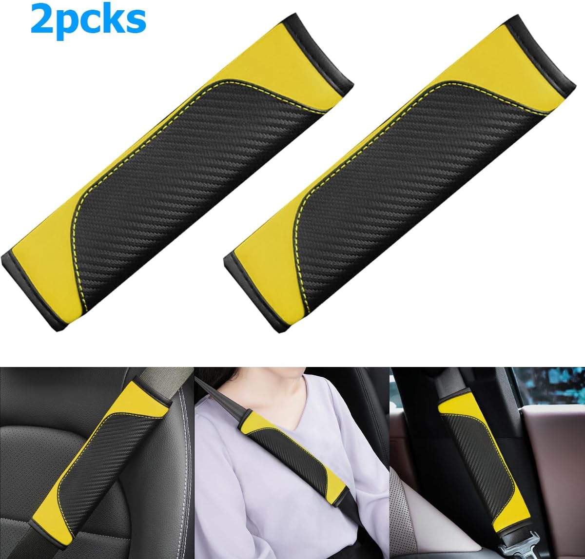 AUCELI 2PCS Car Seat Belt Cover, Carbon Fiber Seatbelt Shoulder Strap Covers, Breathable Leather Soft Harness Pad Protect Your Neck and Shoulder Compatible with Cars