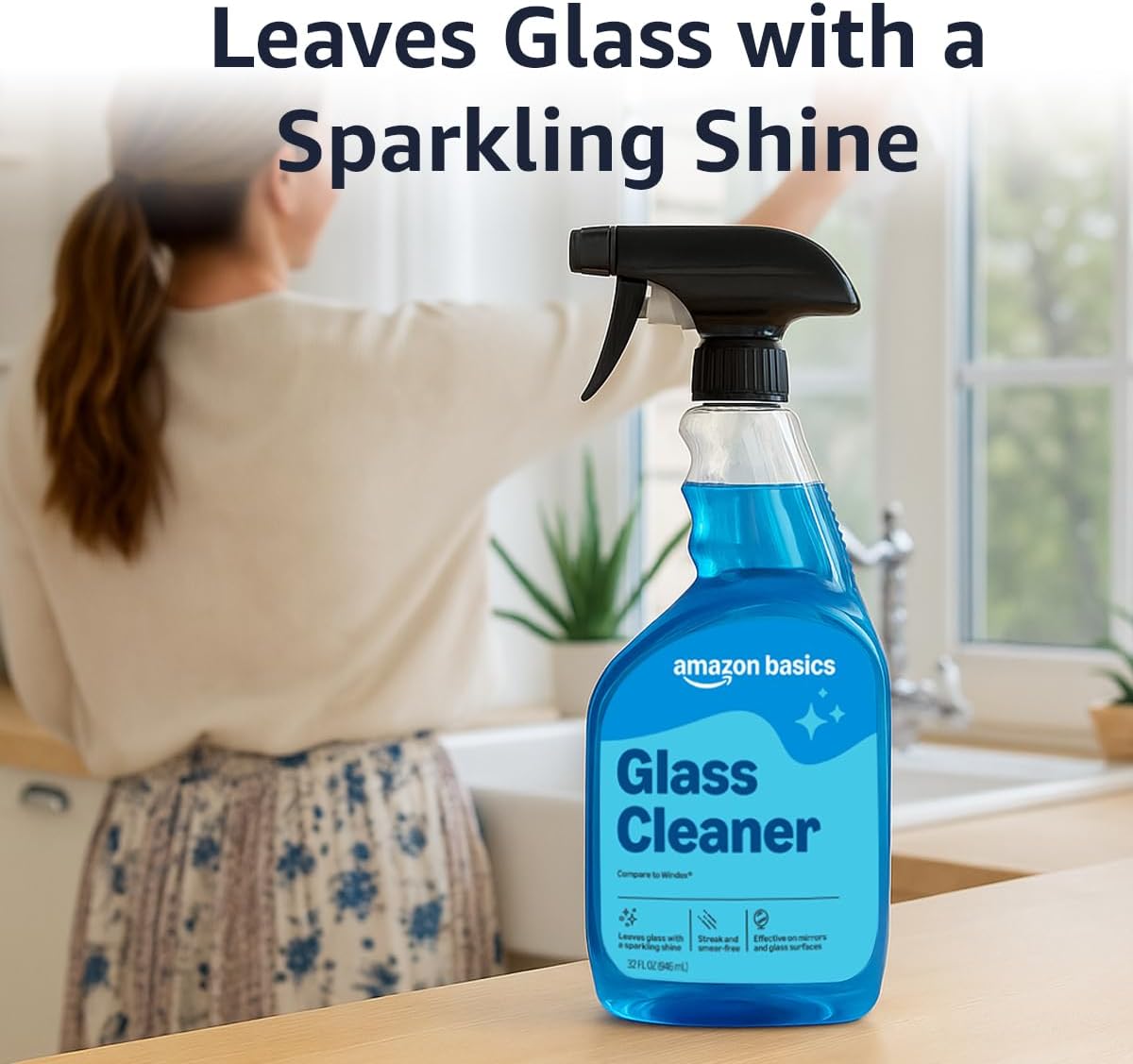 Amazon Basics Glass Cleaner, Streak-Free Shine, 32 Fl Oz, Pack of 2 with 1 Sprayer