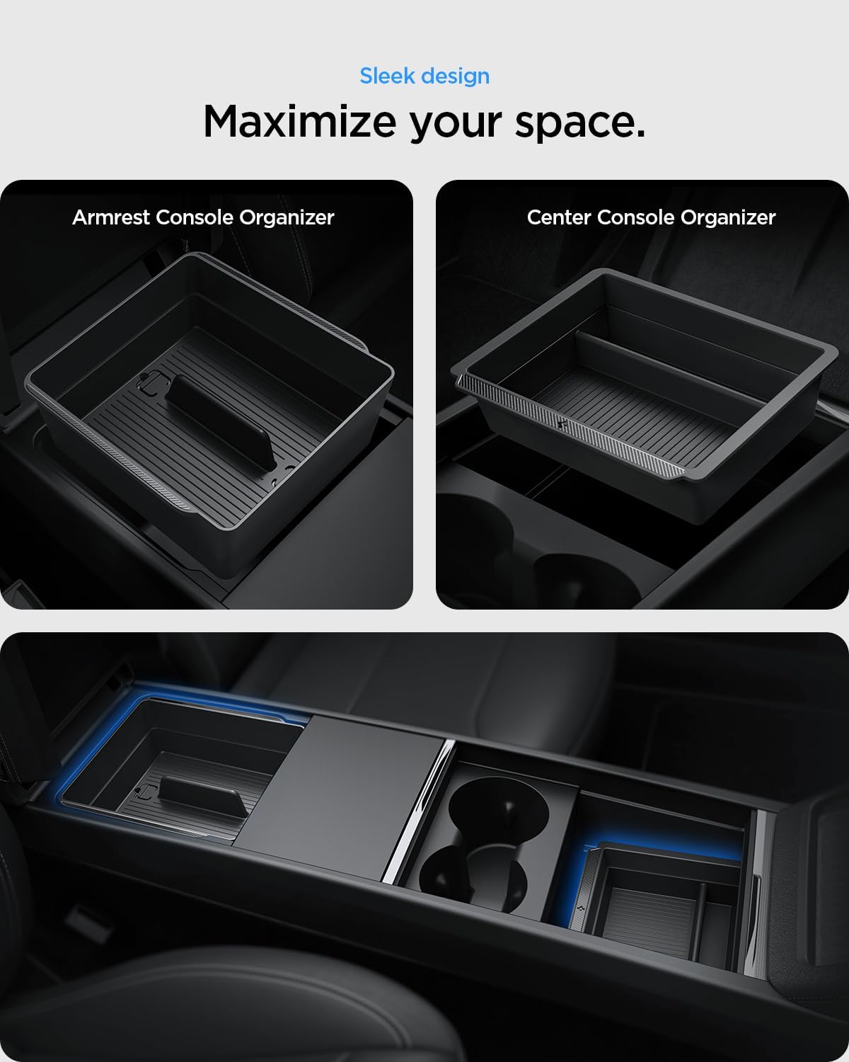 Spigen Center Console Organizer for Tesla Model Y Juniper (Only Premium & Performance 2026) and Model 3 Highland (Standard, Premium & Performance 2024/25/26) with Smooth Slide Technology - [Sliding]