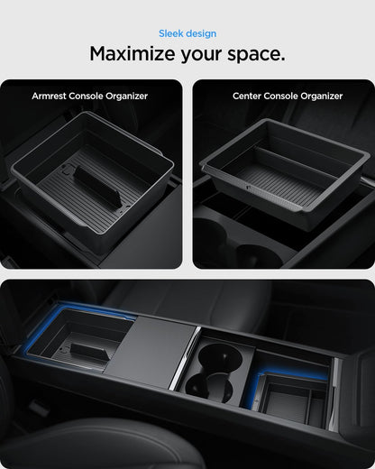Spigen Center Console Organizer for Tesla Model Y Juniper (Only Premium & Performance 2026) and Model 3 Highland (Standard, Premium & Performance 2024/25/26) with Smooth Slide Technology - [Sliding]