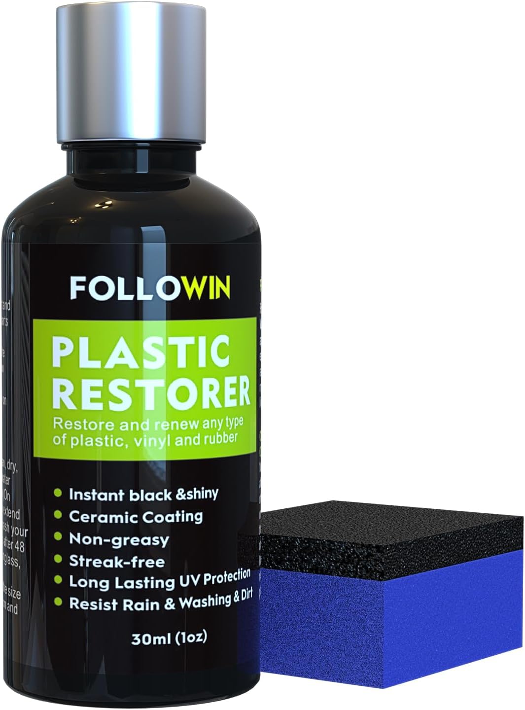 FOLLOWIN Plastic Restorer for Cars, Professional Ceramic Trim Restorer for Black Plastic Trim Restoration, Non Greasy Formula, Streak Free Finish to Plastic, Rubber & Vinyl on Truck, SUV and RV, 30ml