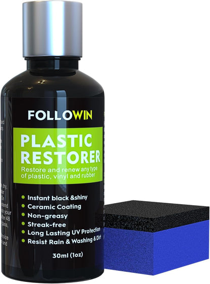 FOLLOWIN Plastic Restorer for Cars, Professional Ceramic Trim Restorer for Black Plastic Trim Restoration, Non Greasy Formula, Streak Free Finish to Plastic, Rubber & Vinyl on Truck, SUV and RV, 30ml
