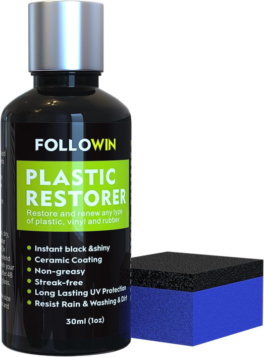 FOLLOWIN Plastic Restorer for Cars, Professional Ceramic Trim Restorer for Black Plastic Trim Restoration, Non Greasy Formula, Streak Free Finish to Plastic, Rubber & Vinyl on Truck, SUV and RV, 30ml