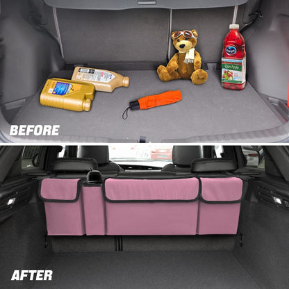 AUCELI Car Trunk Organizer, Backseat Hanging Large Storage with Adjustable Straps, Waterproof Collapsible Cargo Bag with 4 Pockets, Sturdy Space Saver Frees Trunk Floor for SUV, Truck, MPV