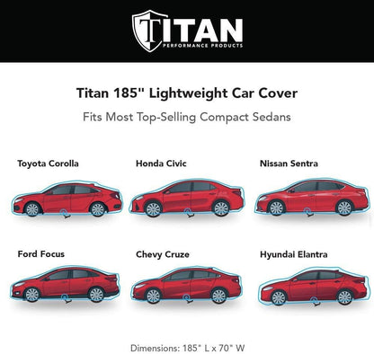 Titan Jet Black Poly 210T Car Cover for Sedans 186-202". Waterproof, UV Protection, Scratch Resistant, Driver-Side Zippered Opening. Fits Camry, Accord and More.