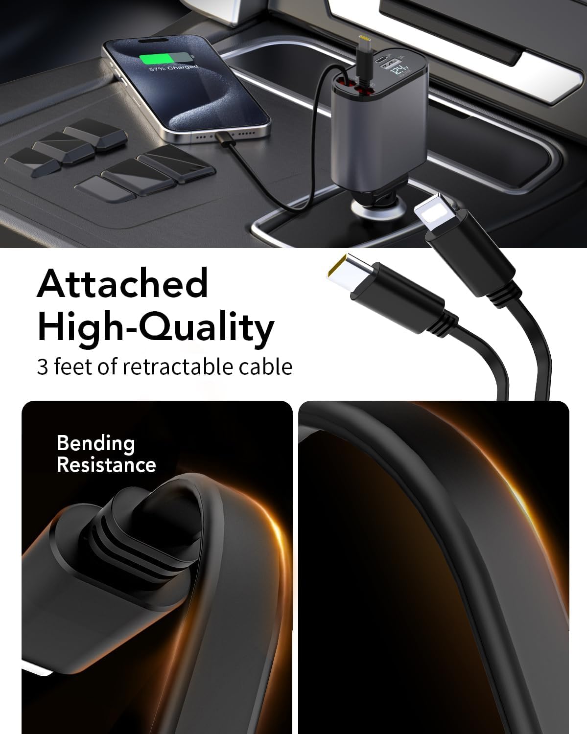 Retractable Car Charger,Car Phone Charger USB C Fast Charge,Cigarette Lighter USB Charger Car Accessories for Women,Road Trip Essentials Gift for Men,Car Charger for iPhone 17/16/15,Galaxy S26,Pixel