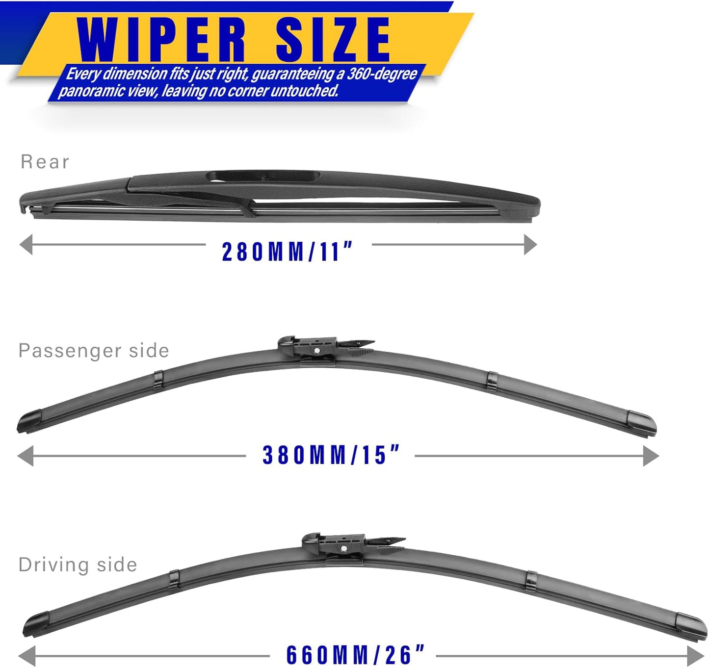 3 wipers Replacement for 2017-2021 2022 Honda CRV CR-V, Windshield Wiper Blades Original Equipment Replacement - 26"/17"/12" (Set of 3) U/J HOOK - Colors B