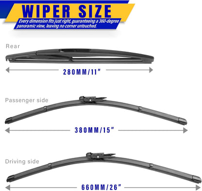 3 wipers Replacement for 2017-2021 2022 Honda CRV CR-V, Windshield Wiper Blades Original Equipment Replacement - 26"/17"/12" (Set of 3) U/J HOOK - Colors B