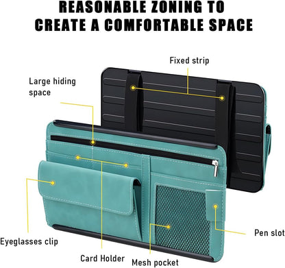 Yourkar Car Sun Visor Organizer, Soft Leather Surface Eyeglasses Note Card Holder Car Storage Bag, Scratch-Resistant Waterproof Auto Sunshade Organizer Bag, Car Accessories (Gray)