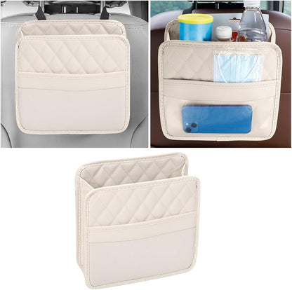Mandark Car Seat Back Organizer, PU Leather Vehicle Backseat Hanging Storage Pocket, Multipurpose Auto Travel Essentials Accessories for Kids & Adults, Universal for Most Cars (Black)