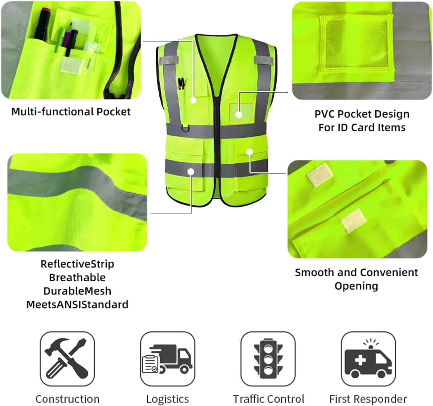 Reflective Safety Vest for Women Men High Visibility Security With Pocket Zipper Front Meet ANSI/ISEA Standard