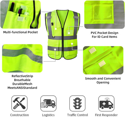 Reflective Safety Vest for Women Men High Visibility Security With Pocket Zipper Front Meet ANSI/ISEA Standard