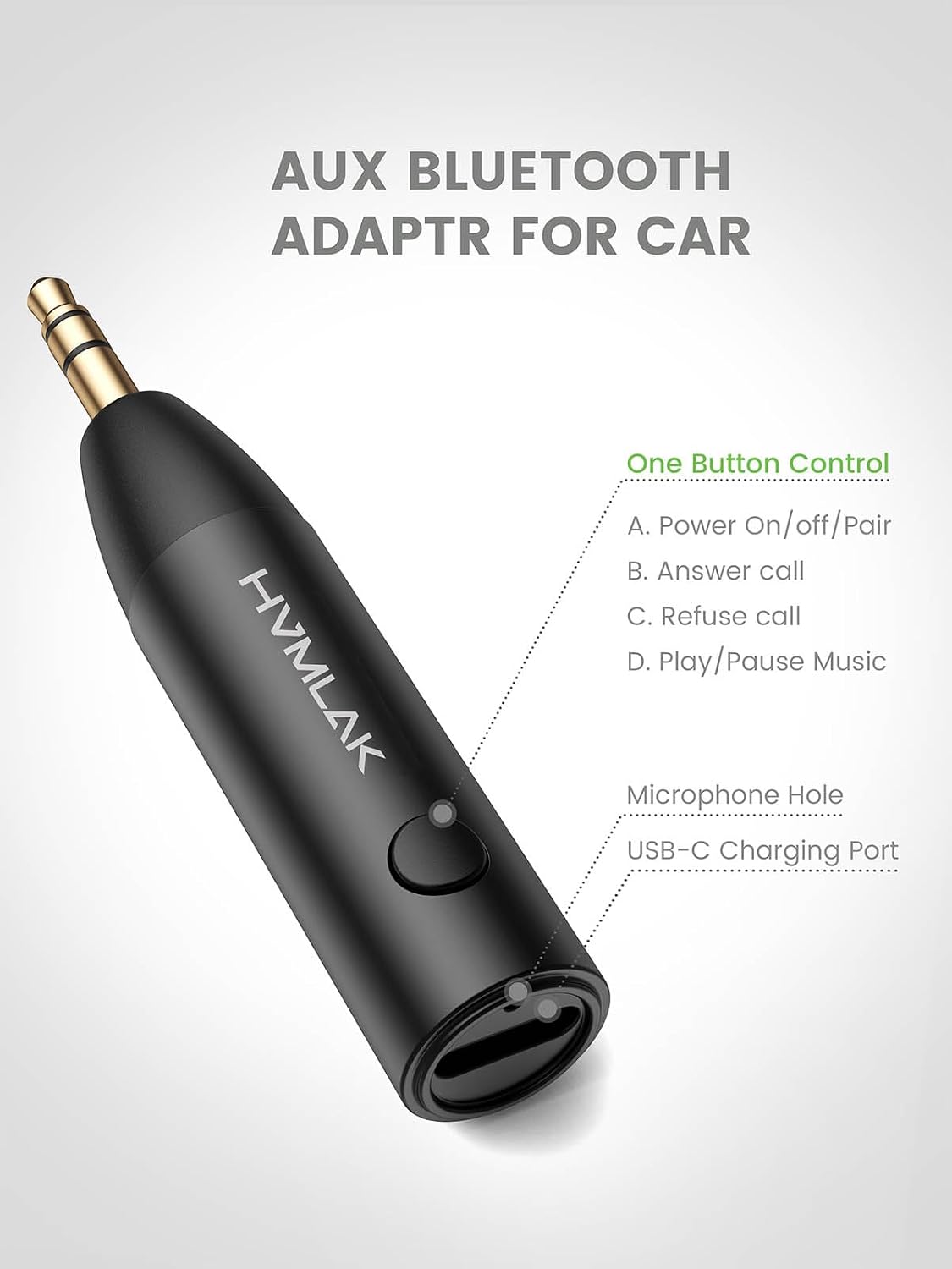HVMLAK Bluetooth 5.4 Car Aux Adapter with Enhanced Microphone, 3.5mm Jack for Car Home Stereo, USB-C Charging, Sturdy Case, 1 Piece