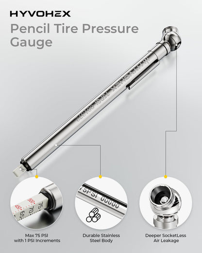 Pencil Tire Pressure Gauge 2 Pack with Valve Caps, Stainless Steel Body Tire Gauges for Tire Pressure with Deflator Valve, Metal Nozzle Tire Gauge for Cars, Pickups, RVs, Bicycles