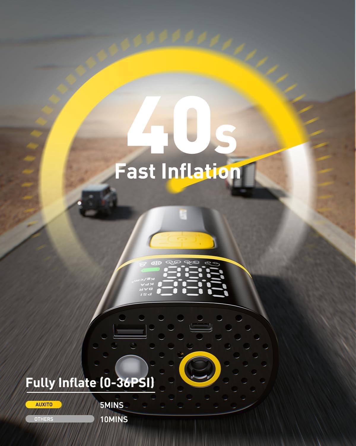 AUXITO Tire Inflator Portable Air Compressor - 150PSI Bike Pump 1Min Fast Inflate with Tire Pressure Gauge, 5200 mAh, LED Light, Car Accessories Air Pump for Auto, Moto, Bike Car Gifts for Men