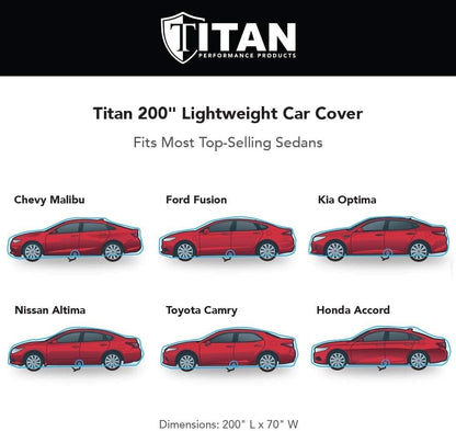 Titan Jet Black Poly 210T Car Cover for Sedans 186-202". Waterproof, UV Protection, Scratch Resistant, Driver-Side Zippered Opening. Fits Camry, Accord and More.