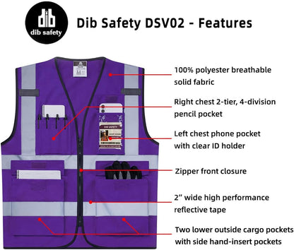 Dib Safety Reflective Safety Vest for Men Women, High Visibility Vest with Pockets and Zipper, ANSI Class 2